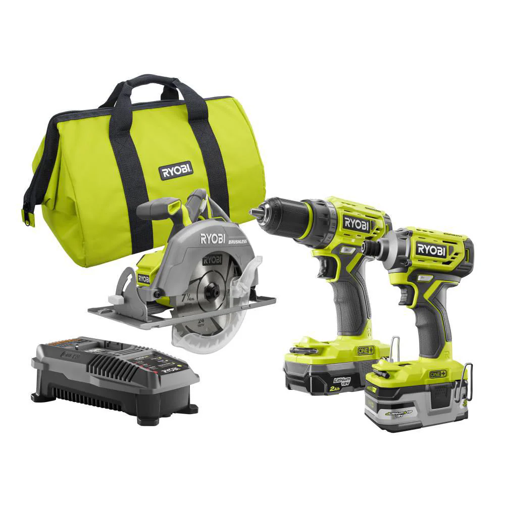 18V ONE+ LI-ION BRUSHLESS 3-TOOL COMBO KIT WITH DRILL/DRIVER, IMPACT DRIVER, CIRC SAW, BATTERIES, CHARGER