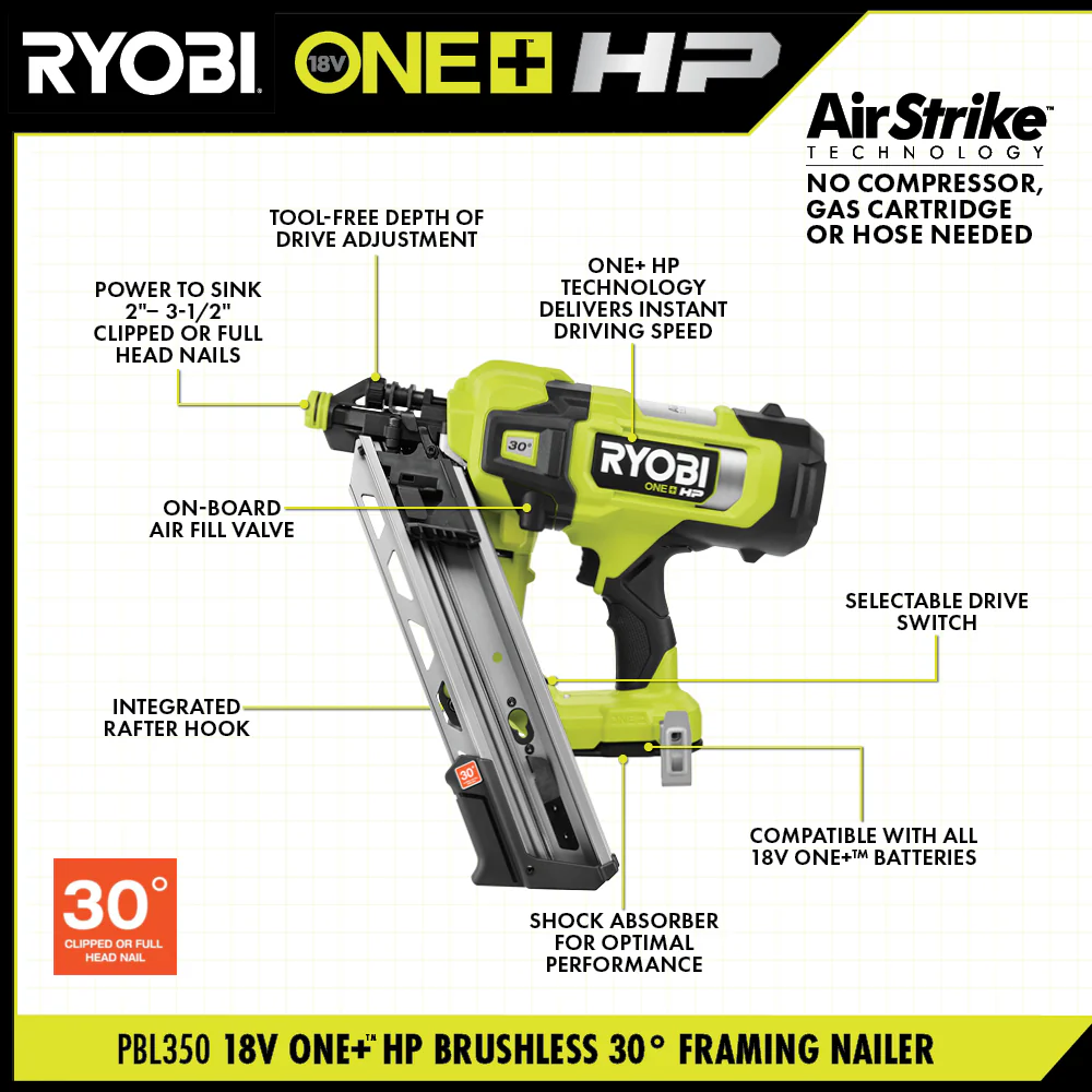 18V ONE+ HP BRUSHLESS AIRSTRIKE 30° FRAMING NAILER - Image 2