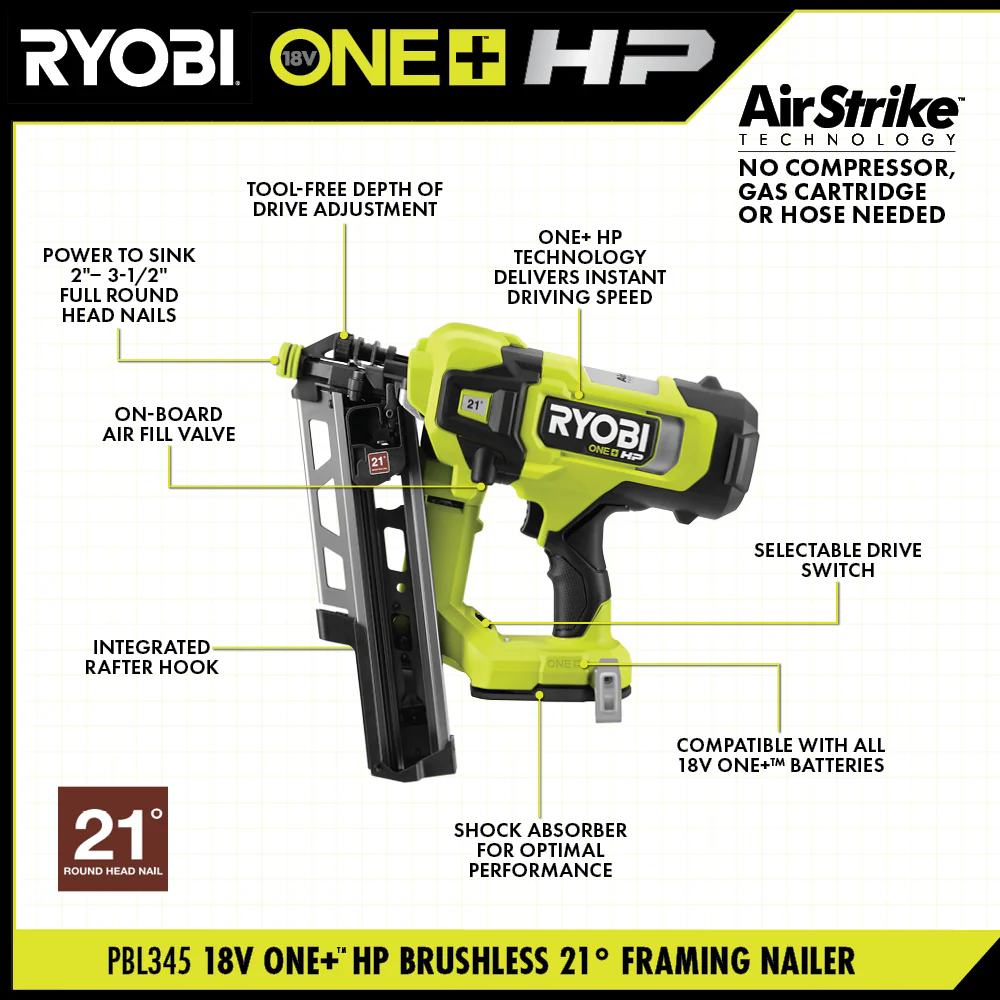 18V ONE+ HP BRUSHLESS AIRSTRIKE 21° FRAMING NAILER KIT - Image 2