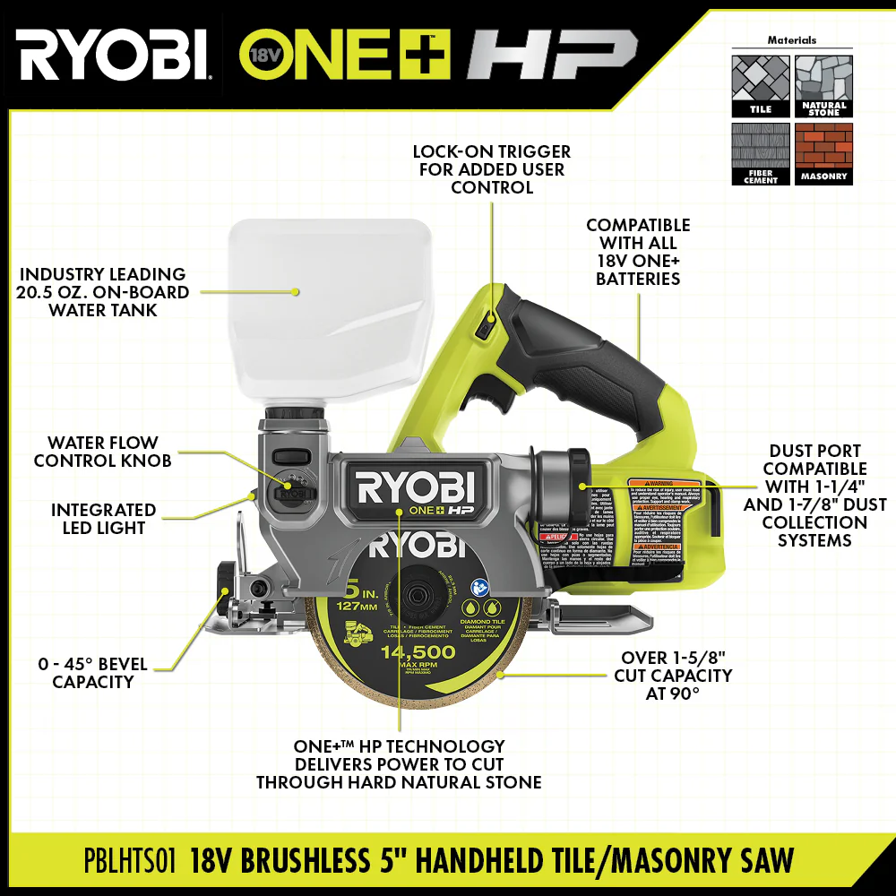 18V ONE+ BRUSHLESS 5" HANDHELD TILE/MASONRY SAW KIT - Image 3