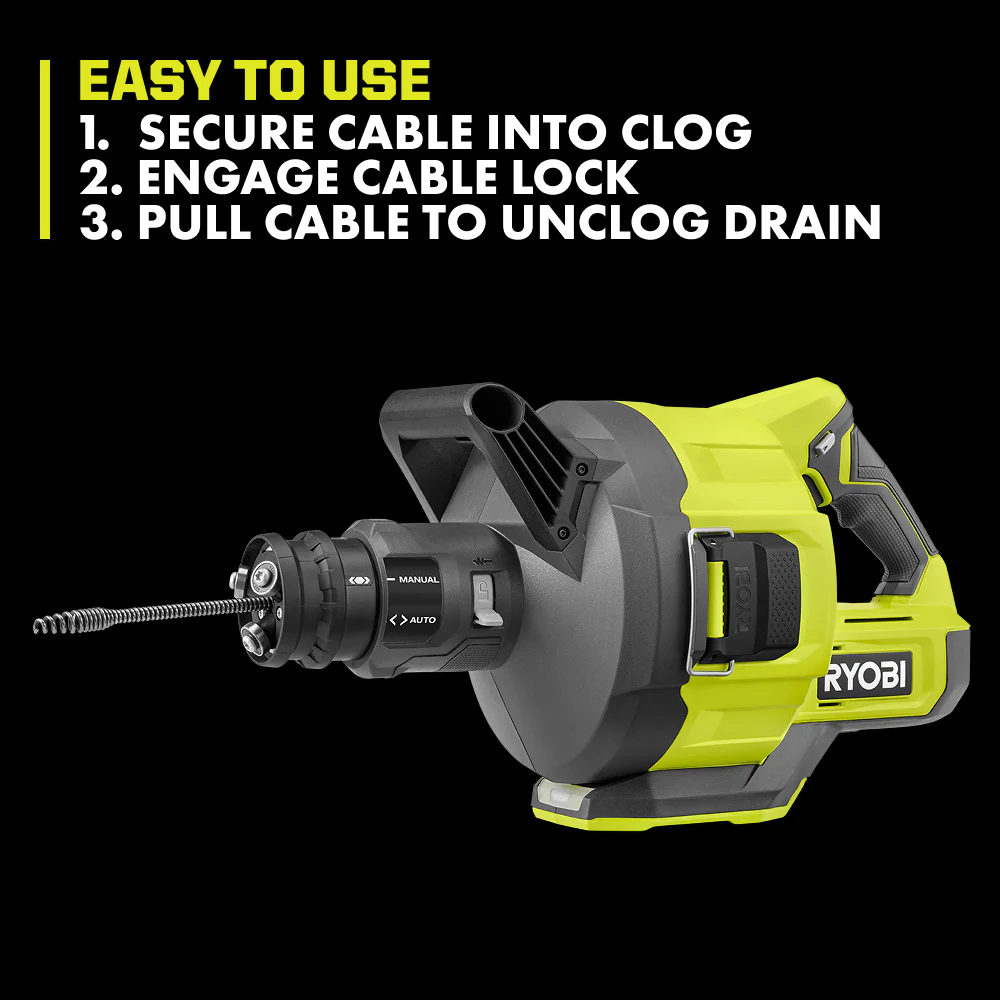 ONE+ 18V Cordless Drain Auger, Drain Clog Remover Tool w 35 ft Cable, LED Light, Cable Lock, Removable Drum (Tool Only) - Image 8