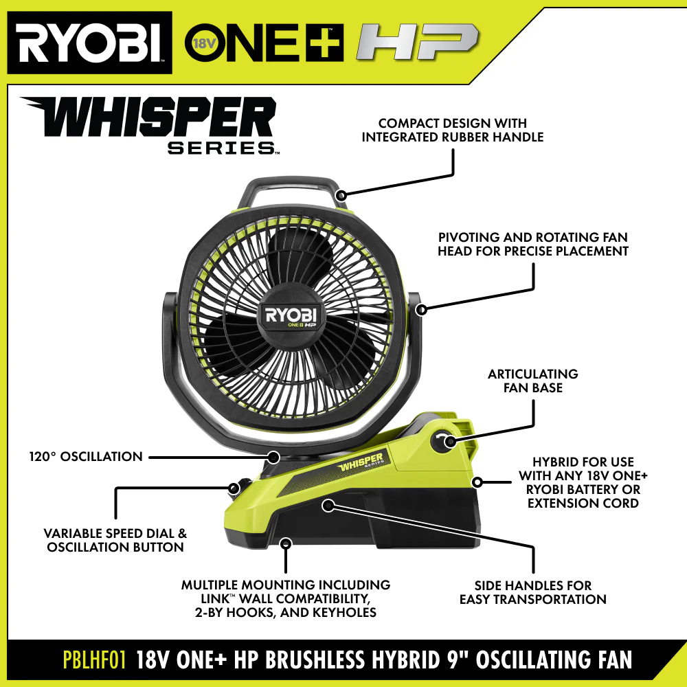 18V ONE+ HP Brushless Hybrid 9" Oscillating Fan - Image 2