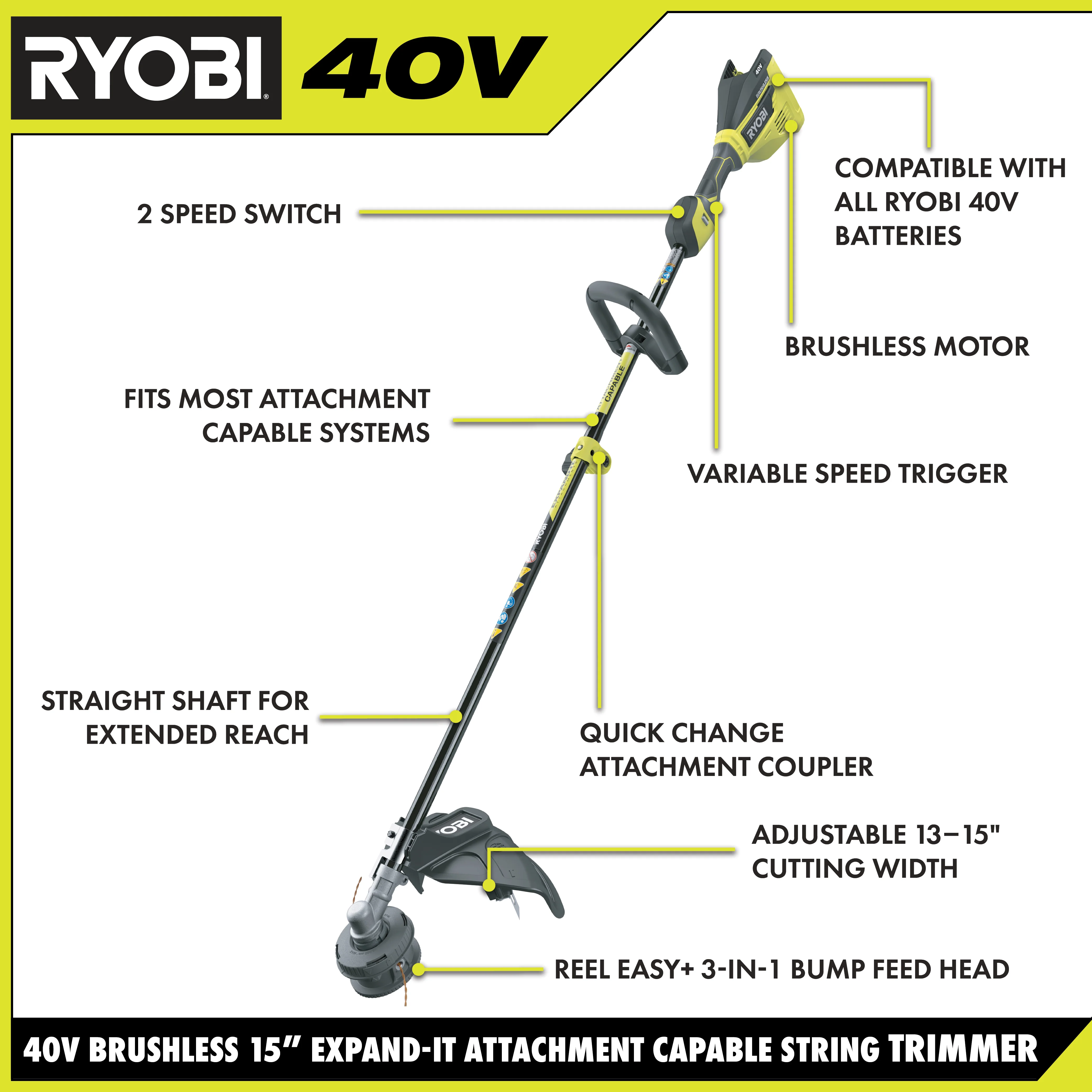 40V BRUSHLESS ATTACHMENT CAPABLE 15" STRING TRIMMER KIT - Image 2