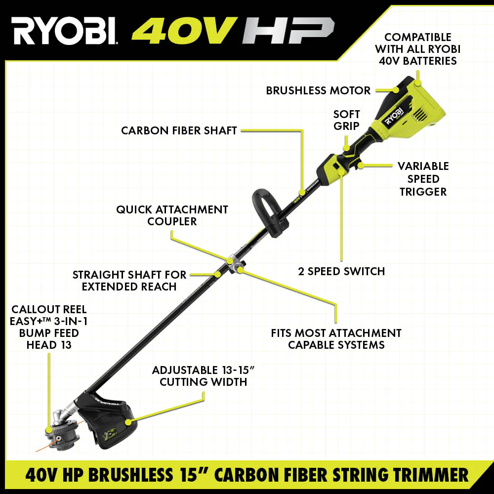 40V HP BRUSHLESS 15" CARBON FIBER ATTACHMENT CAPABLE STRING TRIMMER KIT - Image 3