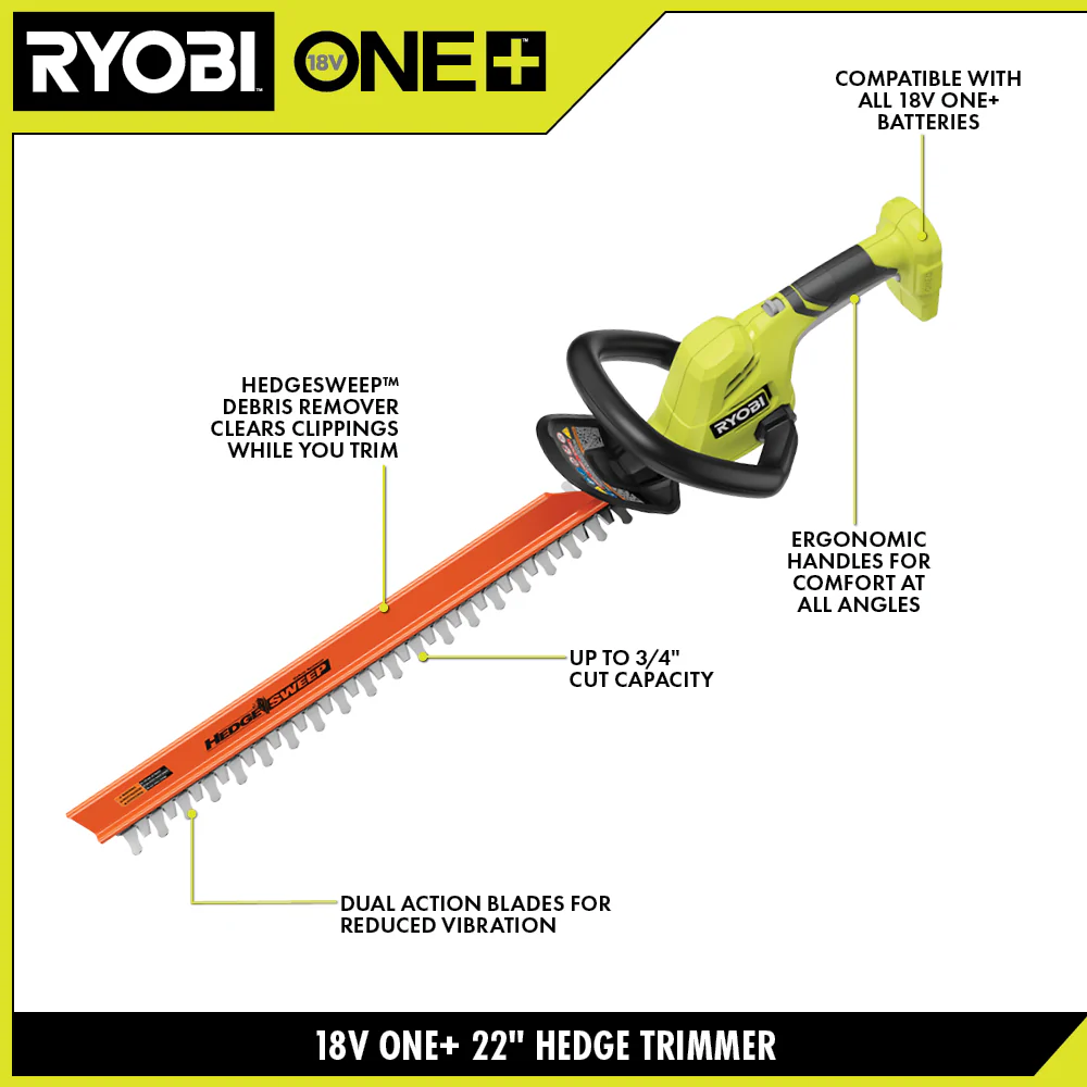 18V ONE+ 22" Lithium-Ion Electric Hedge Trimmer Cordless with 2.0 Ah Battery and Charger - Image 3