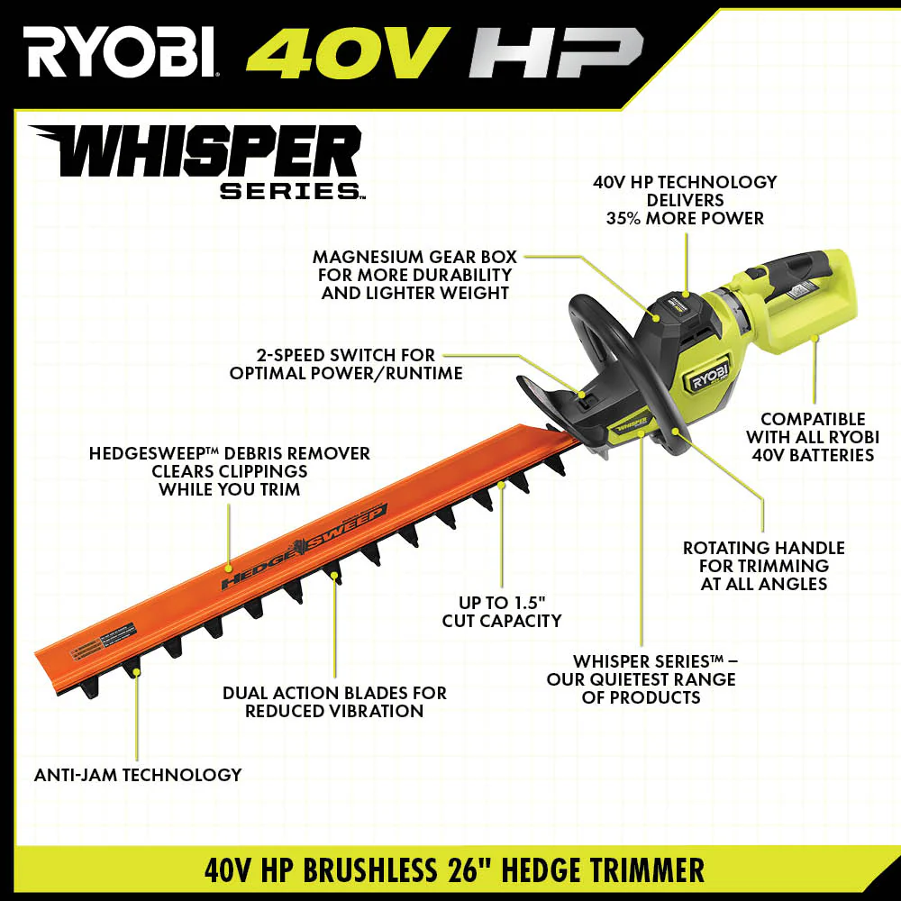 40V HP BRUSHLESS WHISPER SERIES 26" HEDGE TRIMMER KIT - Image 2