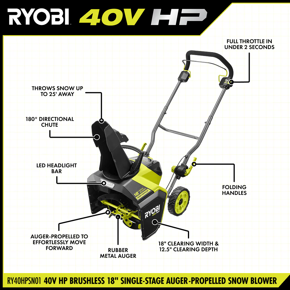 40V HP Brushless 18” Single-Stage Auger-Propelled Snow Blower Kit - Image 3